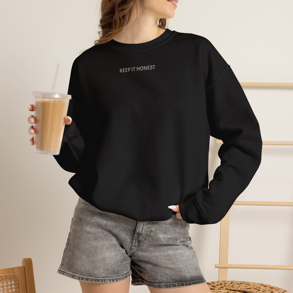 Crewneck Sweatshirt - Minimal "Keep It Honest" Chest Text, Cozy White Casual Pullover
