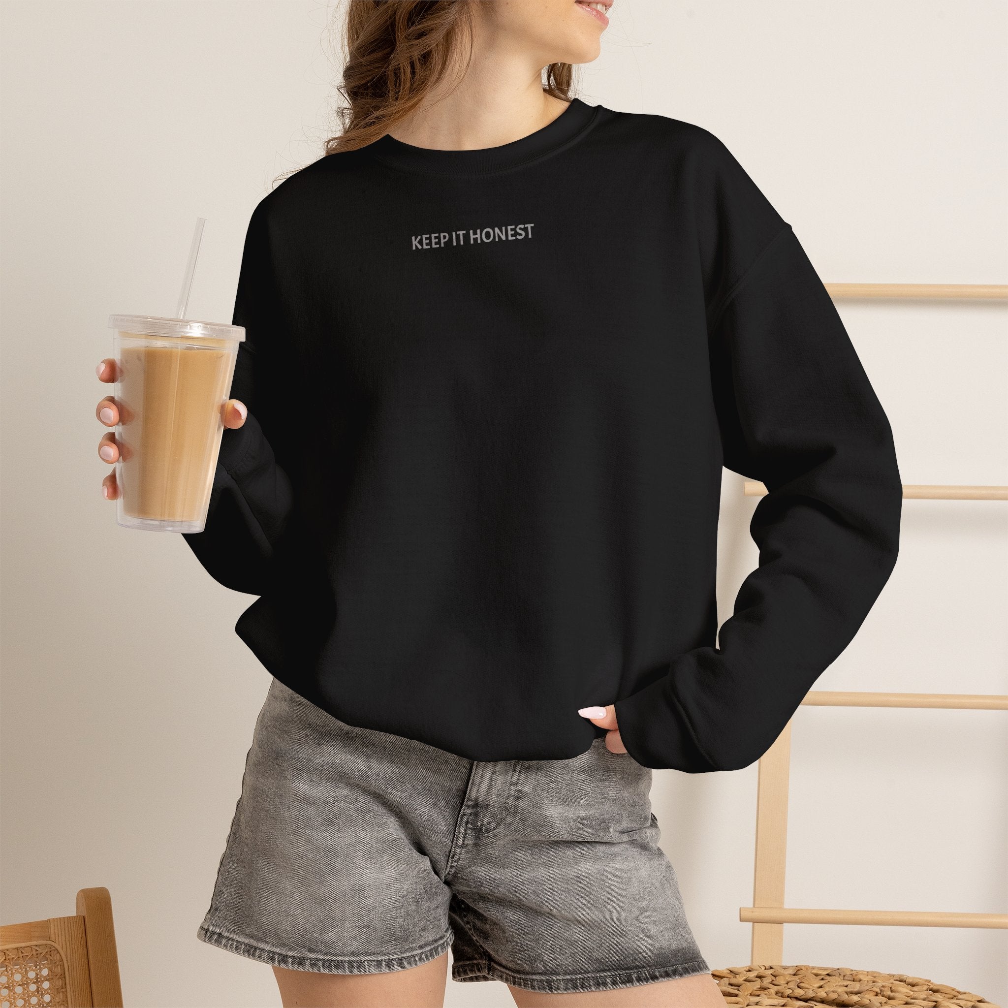 Crewneck Sweatshirt - Minimal "Keep It Honest" Chest Text, Cozy White Casual Pullover